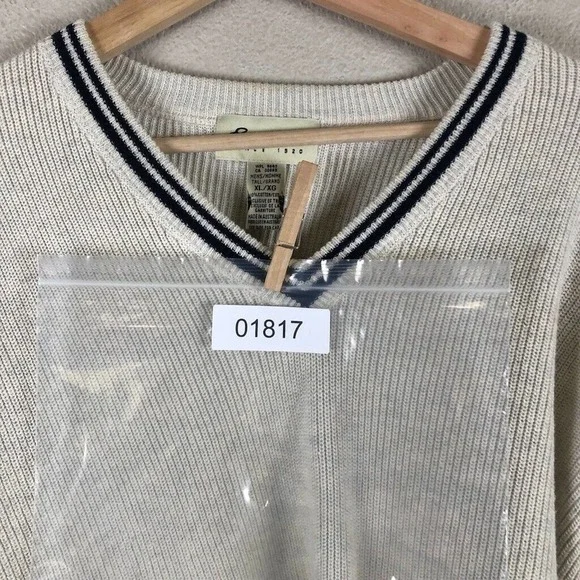 EDDIE Bauer Sweater Cream Knit Varsity Stripe V Pullover Casual Sz X Large Tall - Picture 13 of 13